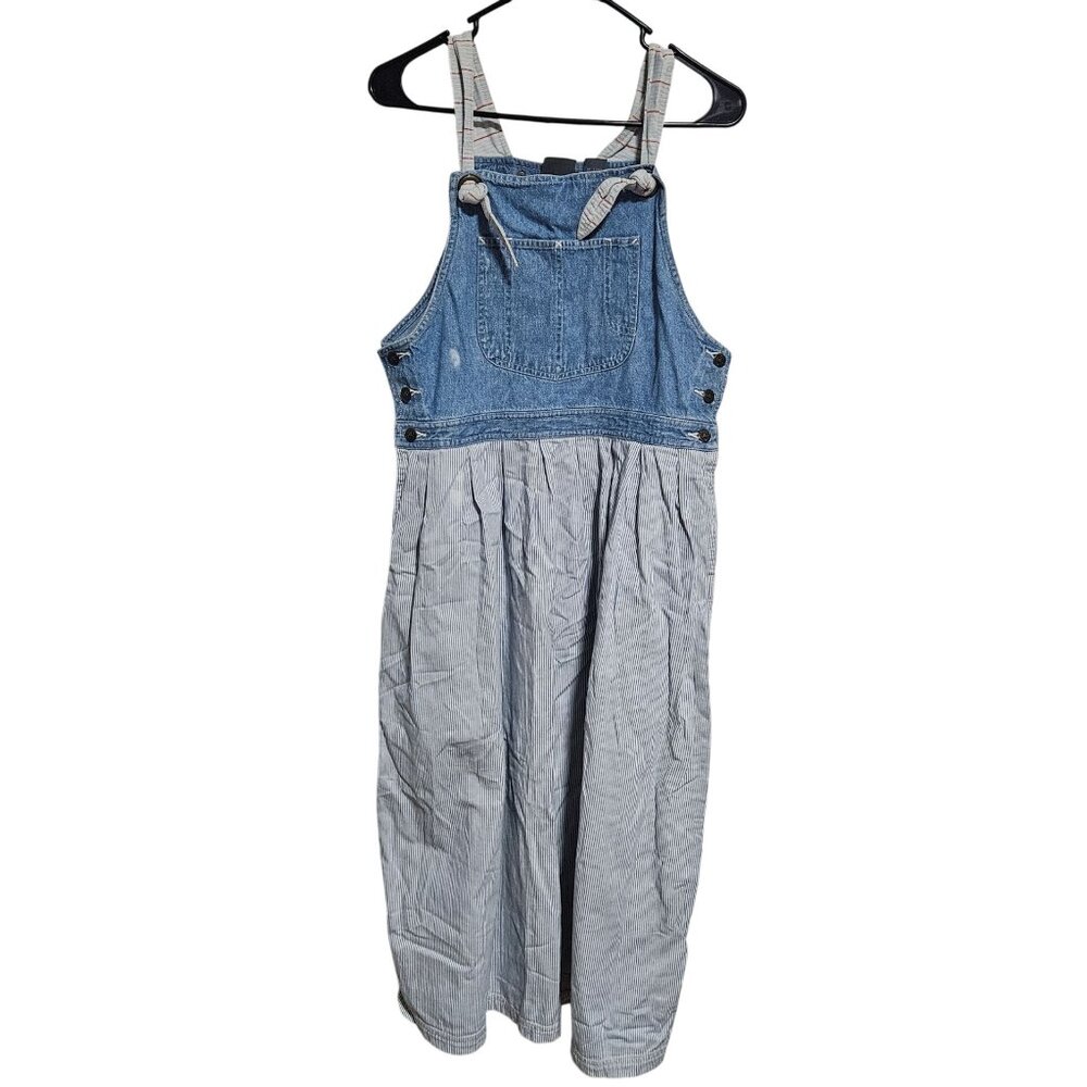 Vintage Liz Wear Blue Denim Pinstripe Overall Dress Sz Medium Seersucker Pockets